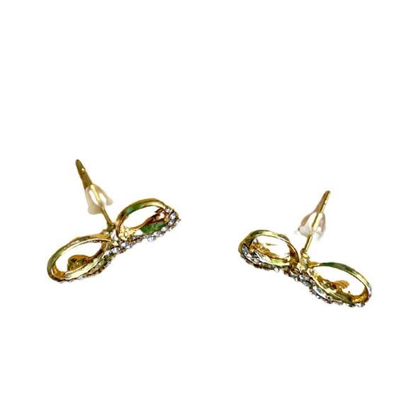 Sparkling Gold Bow Earring Studs Bowknot Ribbon Pave Rhinestones Crystals - Picture 3 of 7